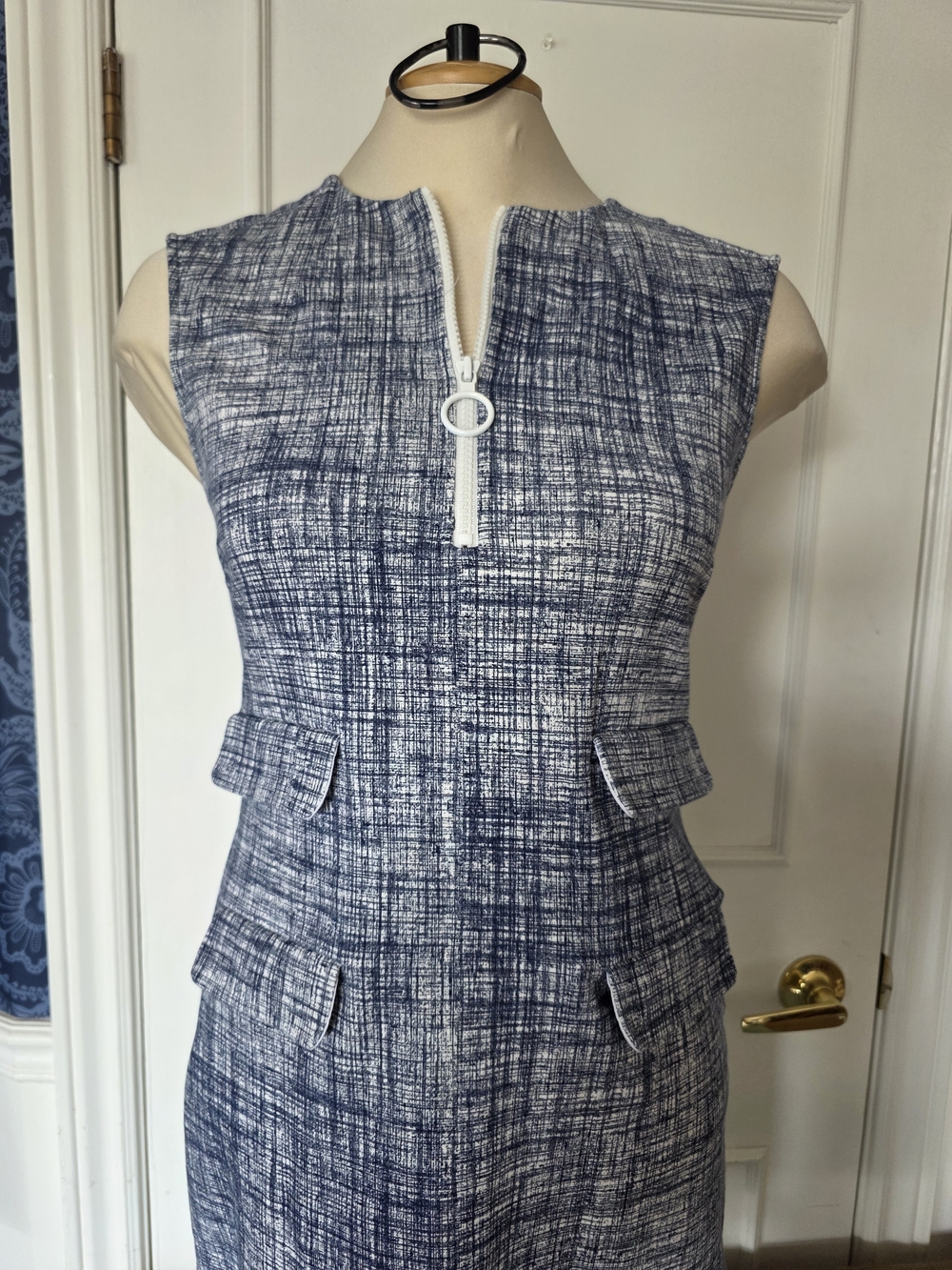 Tory Burch Navy and White Textured Zip-Front Dress